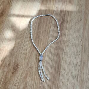 Freshwater Pearl Lariat Tassel Necklace Acrylic Bead Front Drop Silver 19in